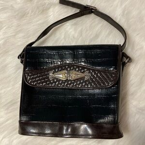 Vintage Marlo black leather mock croc brown shoulder purse western bucket‎ bag